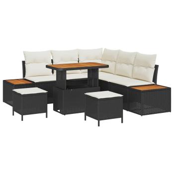 8-teiliges Garten Sofa Set mit Kissen Schwarz Poly Rattan Akazie, 3-teiliges Garten Essset mit Kissen Schwarz Poly Rattan Akazie