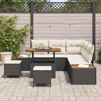 8-teiliges Garten Sofa Set mit Kissen Schwarz Poly Rattan Akazie, 3-teiliges Garten Essset mit Kissen Schwarz Poly Rattan Akazie