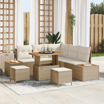ARDEBO.de - 8-teiliges Garten-Sofa-Set mit Kissen Beige Poly-Rattan Akazie, 3-teiliges Garten-Esszimmer-Set mit Kissen Beige Poly-Rattan Akazie