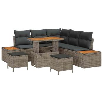 ARDEBO.de - 8-teiliges Garten Sofa Set mit Kissen Grau Poly Rattan Akazie, 3-teiliges Garten Essenset mit Kissen Grau Poly Rattan Akazie