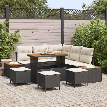 ARDEBO.de - 9-teiliges Garten-Sofa-Set mit Kissen Schwarz Poly-Rattan Akazie, 4-teiliges Garten-Esszimmer-Set mit Kissen Schwarz Poly-Rattan Akazie