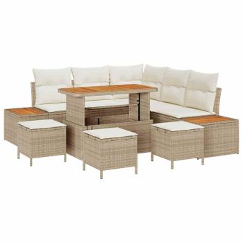 9-teiliges Garten Sofa Set mit Kissen Beige Poly Rattan Akazie, 4-teiliges Garten Essset mit Kissen Beige Poly Rattan Akazie