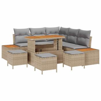 ARDEBO.de - 9-teiliges Garten-Sofa Set mit Kissen Beige Poly Rattan Akazie, 4-teiliges Garten-Dining Set mit Kissen Beige Poly Rattan Akazie