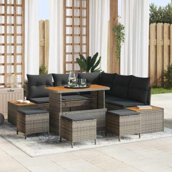 ARDEBO.de - 9-teiliges Garten-Sofa-Set mit Kissen Grau Poly-Rattan Akazie, 4-teiliges Garten-Dining-Set mit Kissen Grau Poly-Rattan Akazie