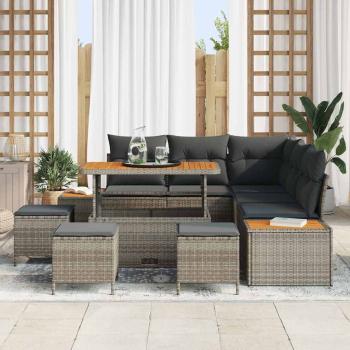 9-teiliges Garten-Sofa-Set mit Kissen Grau Poly-Rattan Akazie, 4-teiliges Garten-Dining-Set mit Kissen Grau Poly-Rattan Akazie