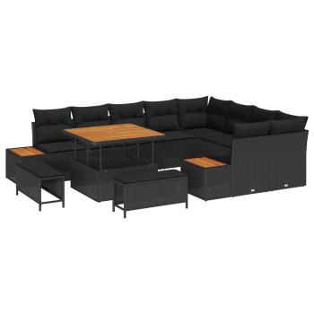 Garten-Sofa-Set mit 12 Teilen und Kissen Schwarz Poly-Rattan Akazie, Garten-Dining-Set mit 3 Teilen und Kissen Schwarz Poly-Rattan Akazie