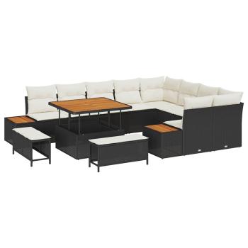 12-teiliges Garten-Sofa-Set mit Kissen Schwarzes Poly-Rattan Akazie, 3-teiliges Garten-Ess-Set mit Kissen Schwarzes Poly-Rattan Akazie