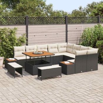 12-teiliges Garten-Sofa-Set mit Kissen Schwarzes Poly-Rattan Akazie, 3-teiliges Garten-Ess-Set mit Kissen Schwarzes Poly-Rattan Akazie