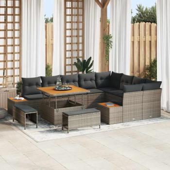 ARDEBO.de - 12-teiliges Garten Sofa Set mit Kissen Grau Poly Rattan Akazie, 3-teiliges Garten Esstisch Set mit Kissen Grau Poly Rattan Akazie