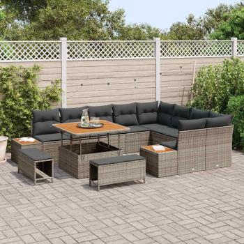 12-teiliges Garten Sofa Set mit Kissen Grau Poly Rattan Akazie, 3-teiliges Garten Esstisch Set mit Kissen Grau Poly Rattan Akazie