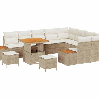 12-teiliges Garten-Sofa-Set mit Kissen in beigem Poly-Rattan und Akazie, 3-teiliges Garten-Ess-Set mit Kissen in beigem Poly-Rattan und Akazie
