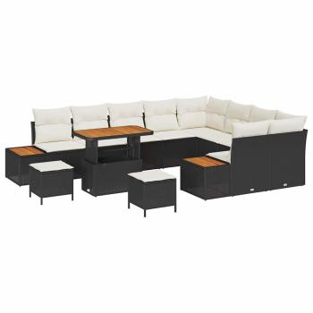12-teiliges Garten-Sofa-Set mit Kissen in Schwarz aus Poly-Rattan und Akazienholz, 3-teiliges Garten-Esszimmer-Set mit Kissen in Schwarz aus Poly-Rattan und Akazienholz
