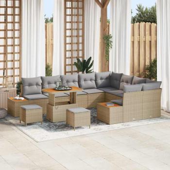 ARDEBO.de - 12-teiliges Garten Sofa Set mit Kissen Beige Poly-Rattan Akazie, 3-teiliges Garten Esstisch Set mit Kissen Beige Poly-Rattan Akazie