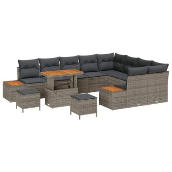 12-teiliges Garten-Sofa-Set mit Kissen Grau Poly-Rattan Akazie, 3-teiliges Garten-Dining-Set mit Kissen Grau Poly-Rattan Akazie