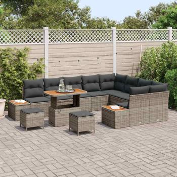 12-teiliges Garten-Sofa-Set mit Kissen Grau Poly-Rattan Akazie, 3-teiliges Garten-Dining-Set mit Kissen Grau Poly-Rattan Akazie