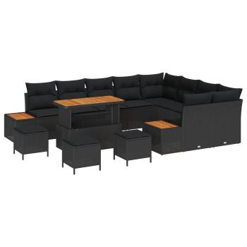 ARDEBO.de - 13-teiliges Garten Sofa Set mit Kissen Schwarz Poly Rattan Akazie, 4-teiliges Garten Essset mit Kissen Schwarz Poly Rattan Akazie