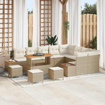 ARDEBO.de - 13-teilige Garten Sofa Set mit Kissen Beige Poly Rattan Akazie, 4-teiliges Garten Esstisch Set mit Kissen Beige Poly Rattan Akazie