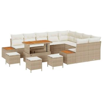 13-teilige Garten Sofa Set mit Kissen Beige Poly Rattan Akazie, 4-teiliges Garten Esstisch Set mit Kissen Beige Poly Rattan Akazie