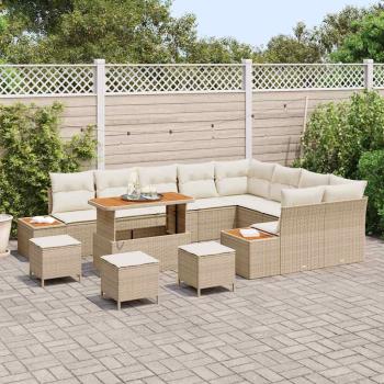 13-teilige Garten Sofa Set mit Kissen Beige Poly Rattan Akazie, 4-teiliges Garten Esstisch Set mit Kissen Beige Poly Rattan Akazie