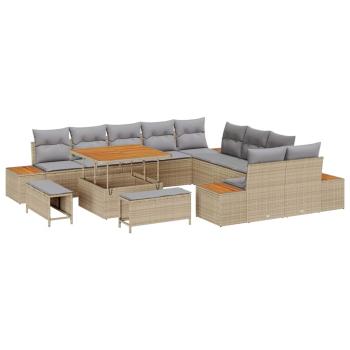 13-teiliges Garten Sofa Set mit Kissen Beige Poly Rattan Akazie, 3-teiliges Garten Essset mit Kissen Beige Poly Rattan Akazie