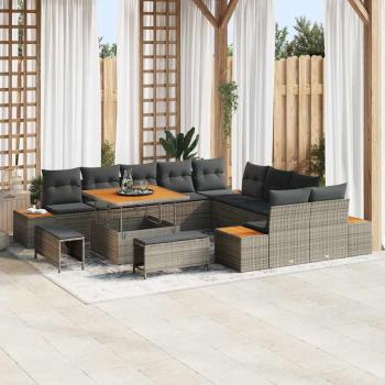 ARDEBO.de - 13-teiliges Garten Sofa Set mit Kissen Grau Poly Rattan Akazie, 3-teiliges Garten Esszimmer Set mit Kissen Grau Poly Rattan Akazie