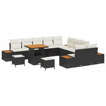 13-teiliges Garten Sofa Set mit Kissen Schwarz Poly Rattan Akazie, 3-teiliges Garten Essset mit Kissen Schwarz Poly Rattan Akazie