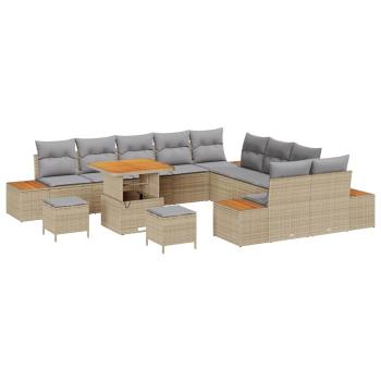 13-teiliges Garten Sofa Set mit Kissen Beige Poly Rattan Akazie, 3-teiliges Garten Essbereich Set mit Kissen Beige Poly Rattan Akazie