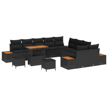 ARDEBO.de - 13-teiliges Garten Sofa Set mit Kissen Schwarz Poly-Rattan Akazie, 3-teiliges Garten Essset mit Kissen Schwarz Poly-Rattan Akazie