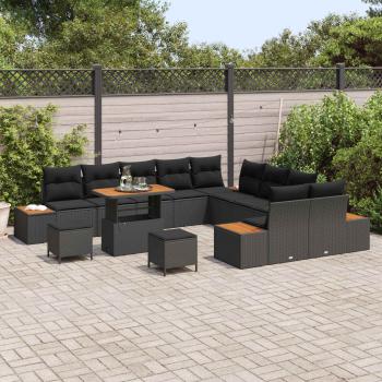 13-teiliges Garten Sofa Set mit Kissen Schwarz Poly-Rattan Akazie, 3-teiliges Garten Essset mit Kissen Schwarz Poly-Rattan Akazie