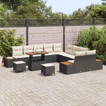 13-teiliges Garten-Sofa-Set mit Kissen Schwarz Poly-Rattan Akazie, 3-teiliges Garten-Dining-Set mit Kissen Schwarz Poly-Rattan Akazie