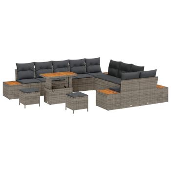 13-teiliges Garten-Sofa-Set mit Kissen Grau Poly Rattan Akazie, 3-teiliges Garten-Dining-Set mit Kissen Grau Poly Rattan Akazie