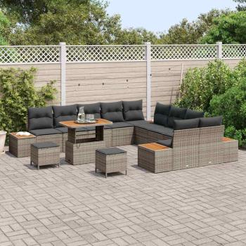 13-teiliges Garten-Sofa-Set mit Kissen Grau Poly Rattan Akazie, 3-teiliges Garten-Dining-Set mit Kissen Grau Poly Rattan Akazie