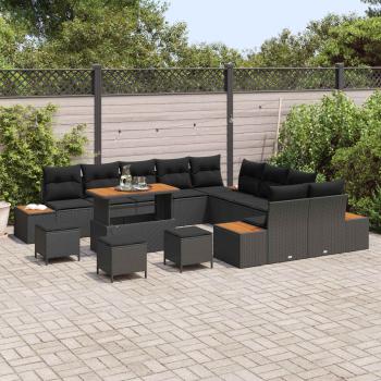 14-teiliges Garten-Sofa-Set mit Kissen Schwarz Poly-Rattan Akazie, 4-teiliges Garten-Esszimmer-Set mit Kissen Schwarz Poly-Rattan Akazie
