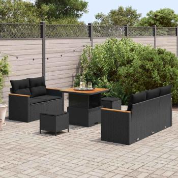 8-teiliges Garten-Sofa-Set mit Kissen, schwarzes Poly-Rattan, Akazie, 3-teiliges Garten-Ess-Set mit Kissen, schwarzes Poly-Rattan, Akazie