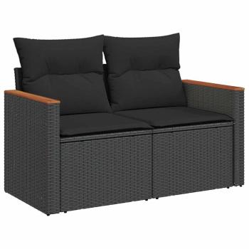 8-teiliges Garten-Sofa-Set mit Kissen, schwarzes Poly-Rattan, Akazie, 3-teiliges Garten-Ess-Set mit Kissen, schwarzes Poly-Rattan, Akazie