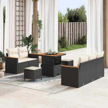 ARDEBO.de - 8-teiliges Garten Sofa Set mit Kissen Schwarz Poly Rattan Akazie, 3-teiliges Garten Essset mit Kissen Schwarz Poly Rattan Akazie