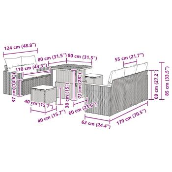 8-teiliges Garten Sofa Set mit Kissen in beigem Poly Rattan und Akazie, 3-teiliges Garten Esstisch Set mit Kissen in beigem Poly Rattan und Akazie