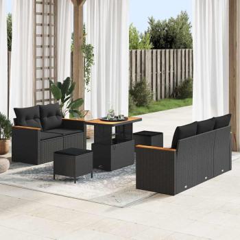 ARDEBO.de - 8-teiliges Garten Sofa Set mit Kissen Schwarz Poly Rattan Akazie, 3-teiliges Garten Essset mit Kissen Schwarz Poly Rattan Akazie