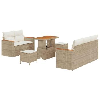 8-teiliges Garten Sofa Set mit Kissen in Beige Poly-Rattan und Akazie, 3-teiliges Garten Esstisch Set mit Kissen in Beige Poly-Rattan und Akazie