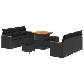 ARDEBO.de - 9-teiliges Garten Sofa Set mit Kissen Schwarz Poly-Rattan Akazie, 3-teiliges Garten Esstisch Set mit Kissen Schwarz Poly-Rattan Akazie