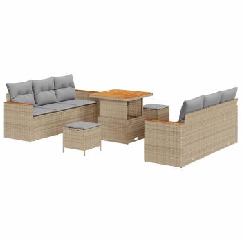 9-teiliges Garten-Sofa-Set mit Kissen Beige Poly Rattan, 3-teiliges Garten-Ess-Set mit Kissen Beige Poly Rattan