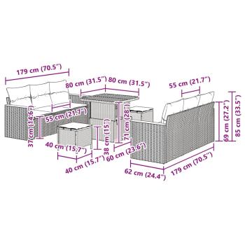 9-teiliges Garten-Sofa-Set mit Kissen Beige Poly Rattan, 3-teiliges Garten-Ess-Set mit Kissen Beige Poly Rattan