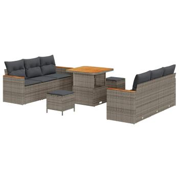 9-teiliges Gartensofa Set mit Kissen Grau Poly Rattan Akazie, 3-teiliges Garten Essset mit Kissen Grau Poly Rattan Akazie