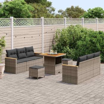 9-teiliges Gartensofa Set mit Kissen Grau Poly Rattan Akazie, 3-teiliges Garten Essset mit Kissen Grau Poly Rattan Akazie