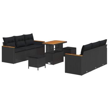 ARDEBO.de - 9-teiliges Garten Sofa Set mit Kissen Schwarz Poly Rattan Akazie, 3-teiliges Garten Esszimmer Set mit Kissen Schwarz Poly Rattan Akazie