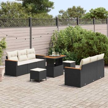 9-teiliges Garten-Sofa-Set mit Kissen in Schwarz Poly-Rattan Akazie, 3-teiliges Garten-Dining-Set mit Kissen in Schwarz Poly-Rattan Akazie