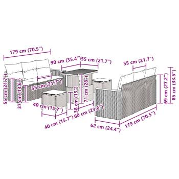 9-teiliges Garten-Sofa-Set mit Kissen in Beige aus Poly-Rattan, 3-teiliges Garten-Ess-Set mit Kissen in Beige aus Poly-Rattan