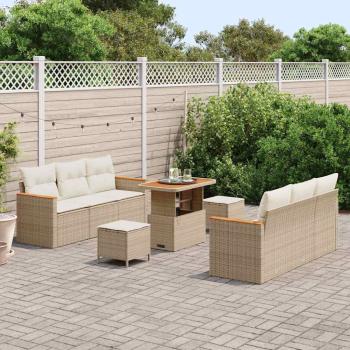 9-teiliges Garten-Sofa-Set mit Kissen in Beige aus Poly-Rattan, 3-teiliges Garten-Ess-Set mit Kissen in Beige aus Poly-Rattan