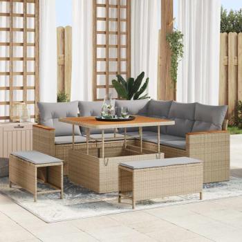 ARDEBO.de - 8-teiliges Garten-Sofa-Set mit Kissen Beige Poly-Rattan-Akazie, 3-teiliges Garten-Dining-Set mit Kissen Beige Poly-Rattan-Akazie
