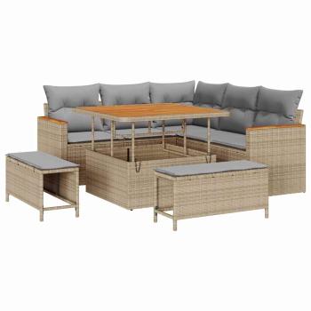 8-teiliges Garten-Sofa-Set mit Kissen Beige Poly-Rattan-Akazie, 3-teiliges Garten-Dining-Set mit Kissen Beige Poly-Rattan-Akazie